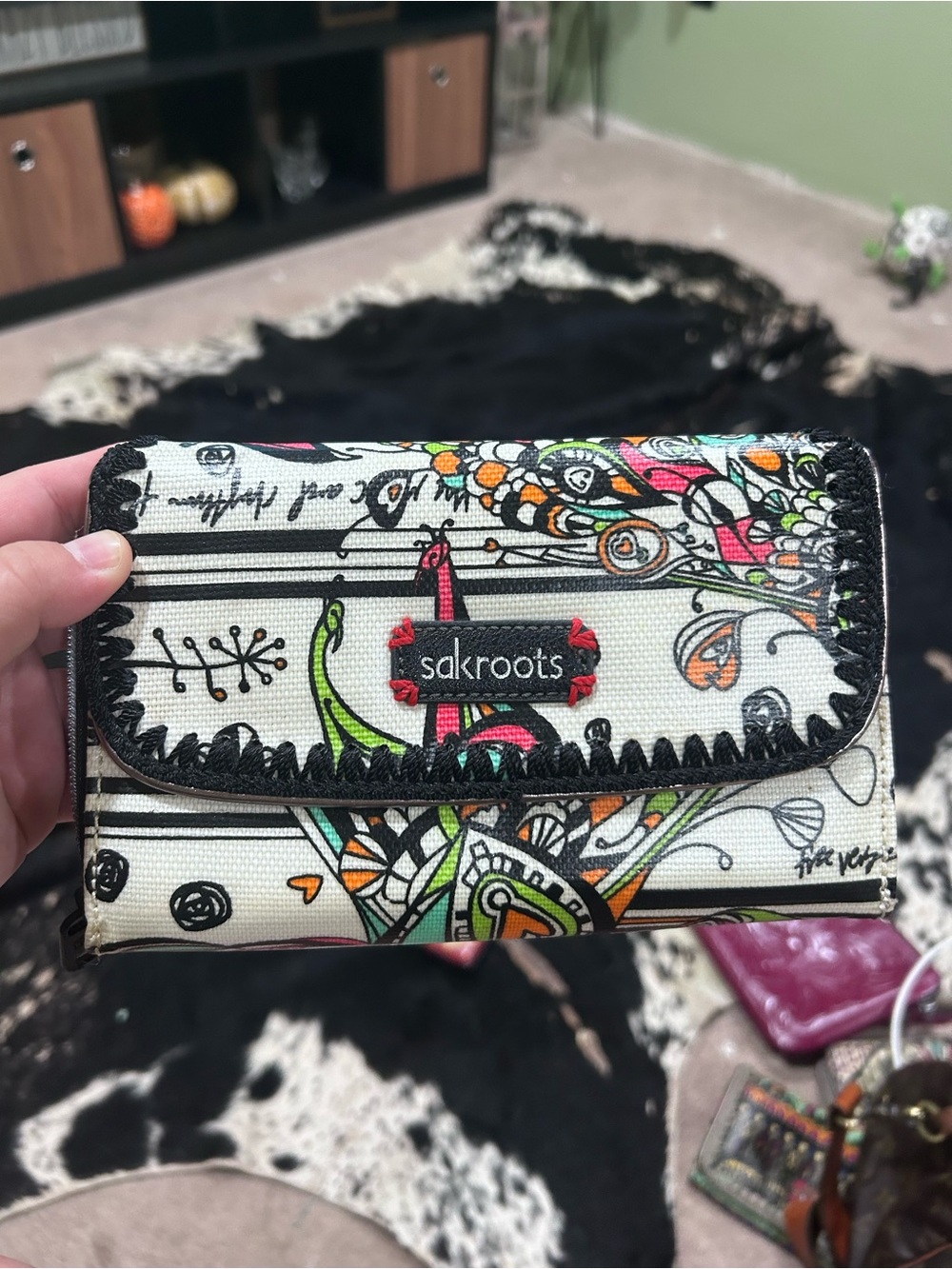 Sakroots Cream Multi‑Color Doodle Floral Wallet